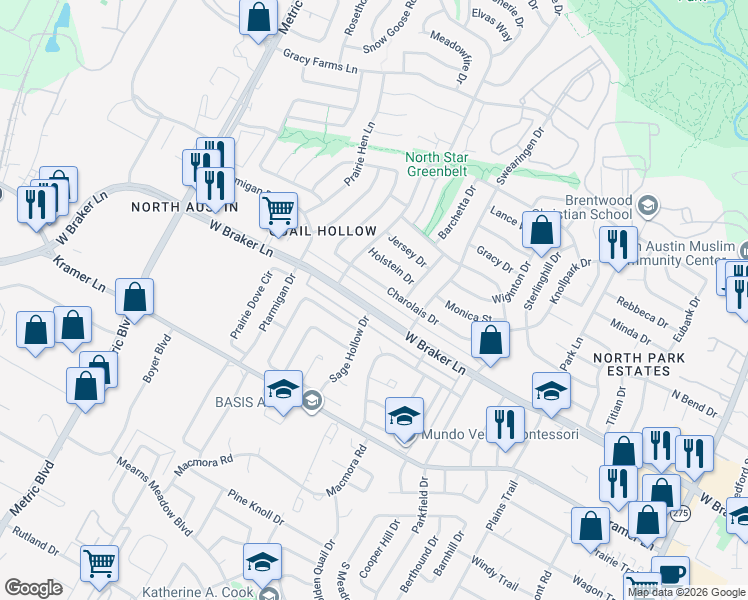 map of restaurants, bars, coffee shops, grocery stores, and more near 1510 West Braker Lane in Austin