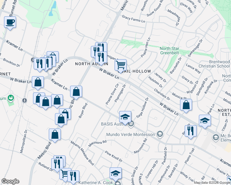 map of restaurants, bars, coffee shops, grocery stores, and more near 11108 Prairie Dove Circle in Austin