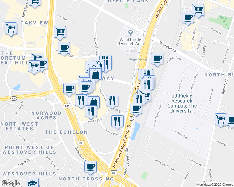 map of restaurants, bars, coffee shops, grocery stores, and more near 9701 Stonelake Boulevard in Austin