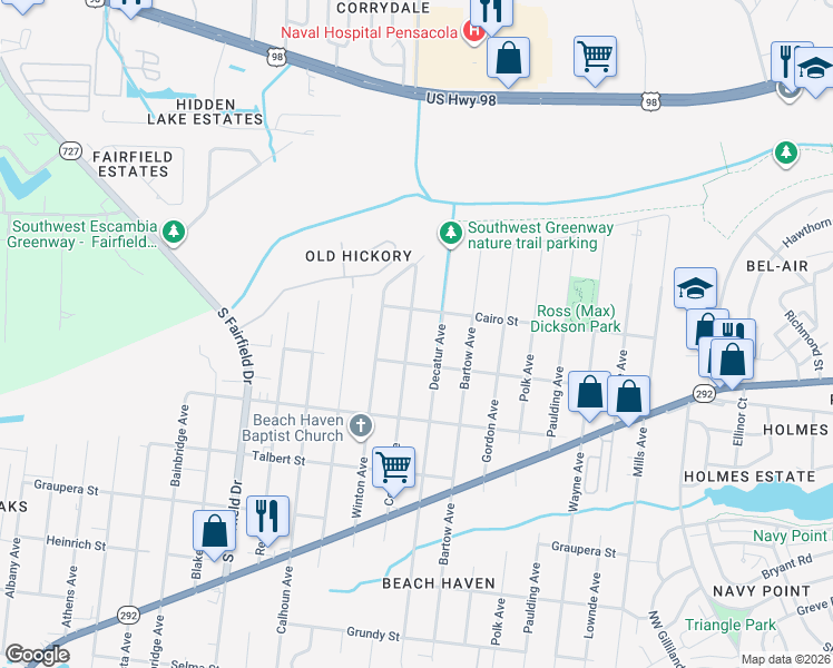 map of restaurants, bars, coffee shops, grocery stores, and more near 1004 Colbert Avenue in Pensacola