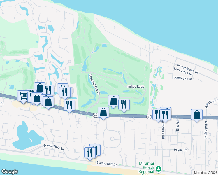 map of restaurants, bars, coffee shops, grocery stores, and more near 109 Azure Place in Miramar Beach
