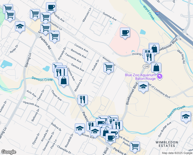 map of restaurants, bars, coffee shops, grocery stores, and more near 3319 Myrtle Grove Drive in Baton Rouge