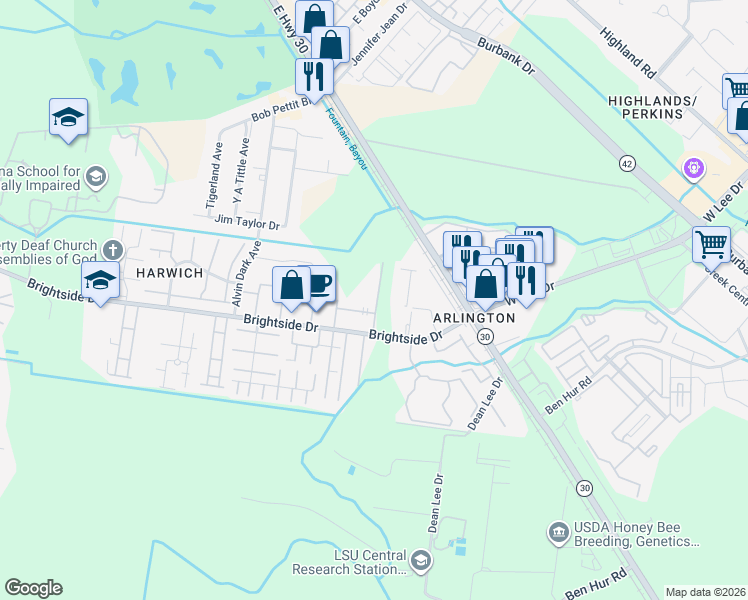 map of restaurants, bars, coffee shops, grocery stores, and more near 1670 Brightside Drive in Baton Rouge