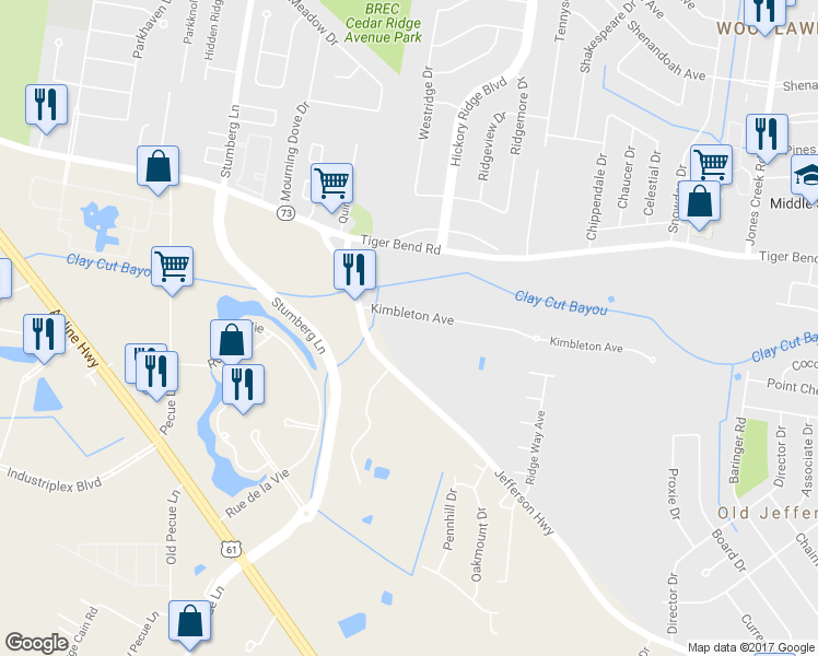 map of restaurants, bars, coffee shops, grocery stores, and more near 13434 Kimbleton Avenue in Baton Rouge