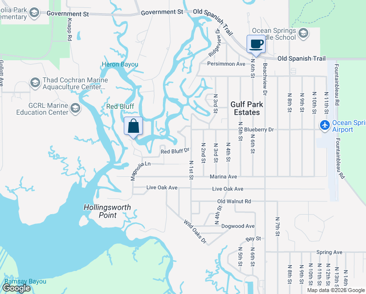 map of restaurants, bars, coffee shops, grocery stores, and more near 9415 Red Bluff Drive in Ocean Springs