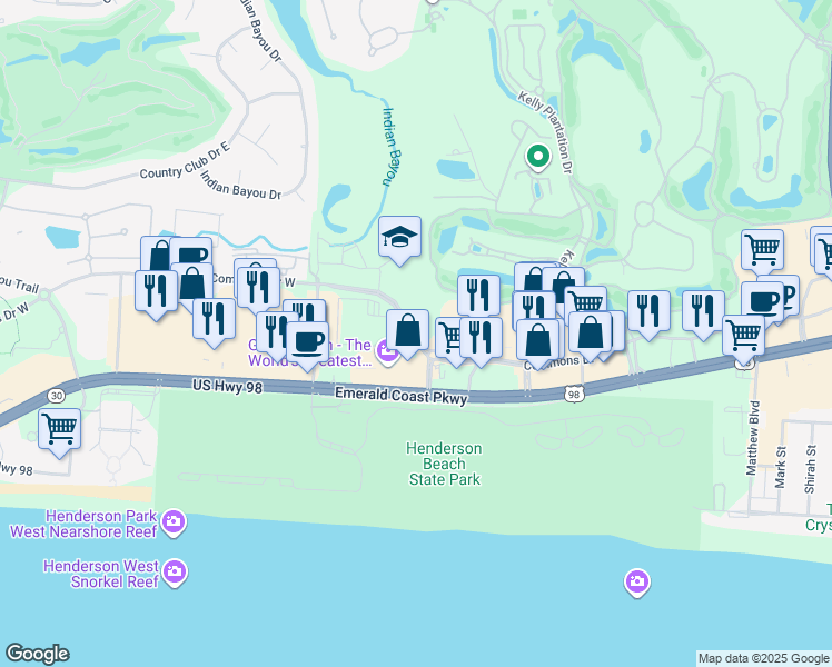 map of restaurants, bars, coffee shops, grocery stores, and more near 4399 Commons Drive West in Destin
