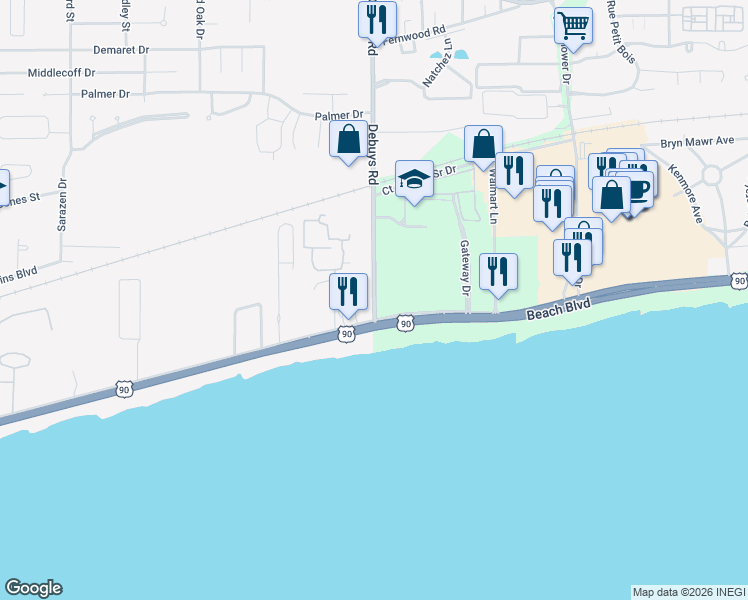map of restaurants, bars, coffee shops, grocery stores, and more near 2790 U.S. 90 in Biloxi