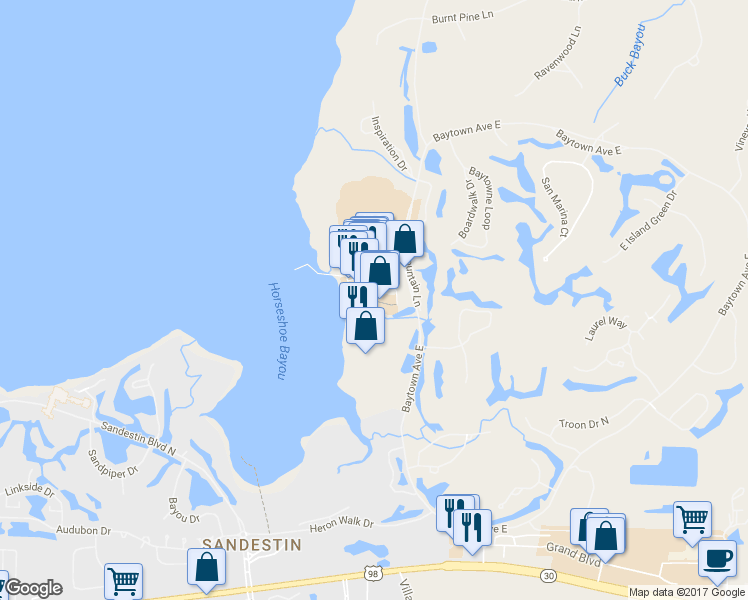 map of restaurants, bars, coffee shops, grocery stores, and more near 102 Cannery Lane in Miramar Beach