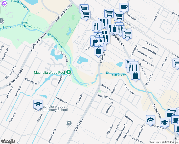 map of restaurants, bars, coffee shops, grocery stores, and more near 1612 Cedar Lake Drive in Baton Rouge