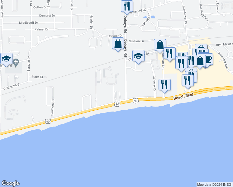 map of restaurants, bars, coffee shops, grocery stores, and more near 2300 Beach Drive in Gulfport