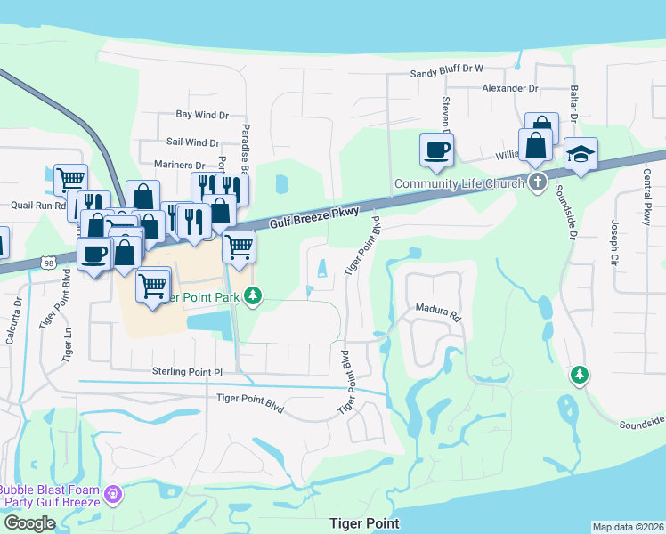 map of restaurants, bars, coffee shops, grocery stores, and more near 1353 Tiger Lake Drive in Gulf Breeze
