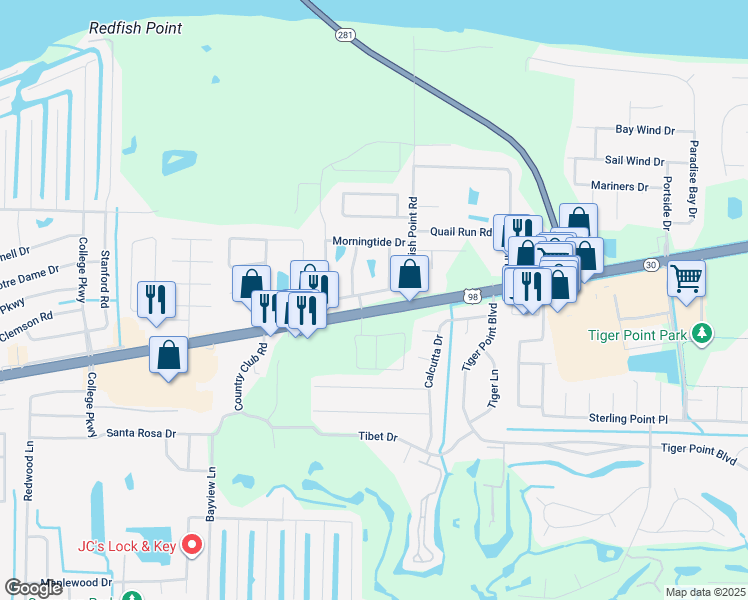 map of restaurants, bars, coffee shops, grocery stores, and more near 3553 Gulf Breeze Parkway in Gulf Breeze