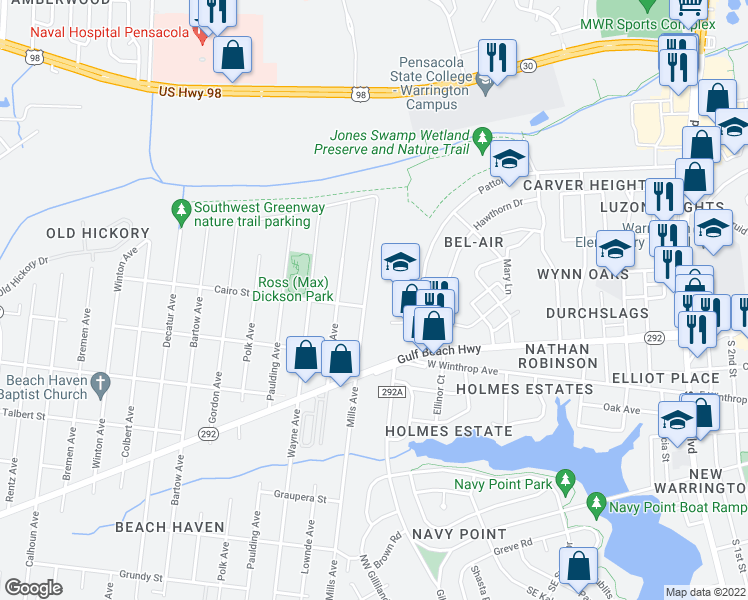 map of restaurants, bars, coffee shops, grocery stores, and more near 1321 Patton Drive in Pensacola