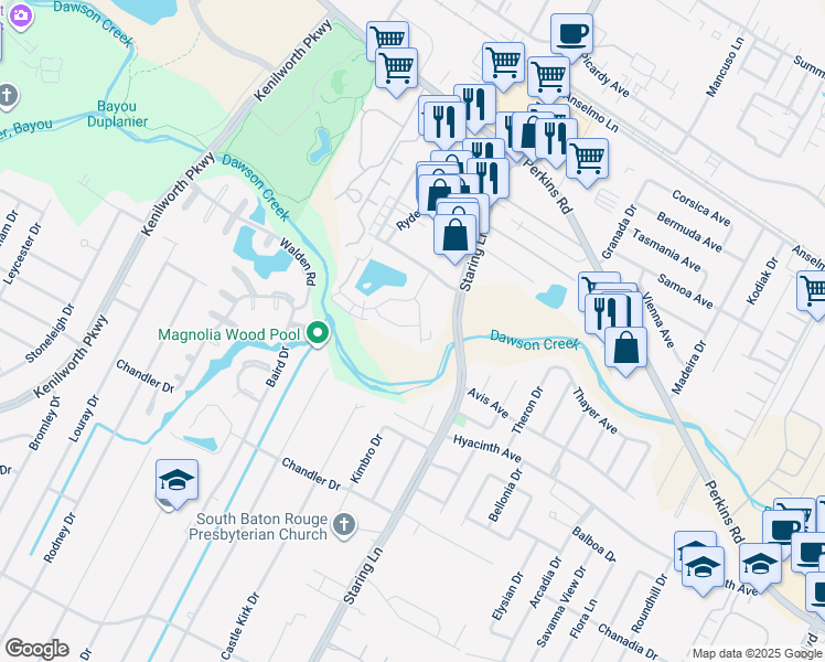 map of restaurants, bars, coffee shops, grocery stores, and more near 1612 Cedar Lake Drive in Baton Rouge