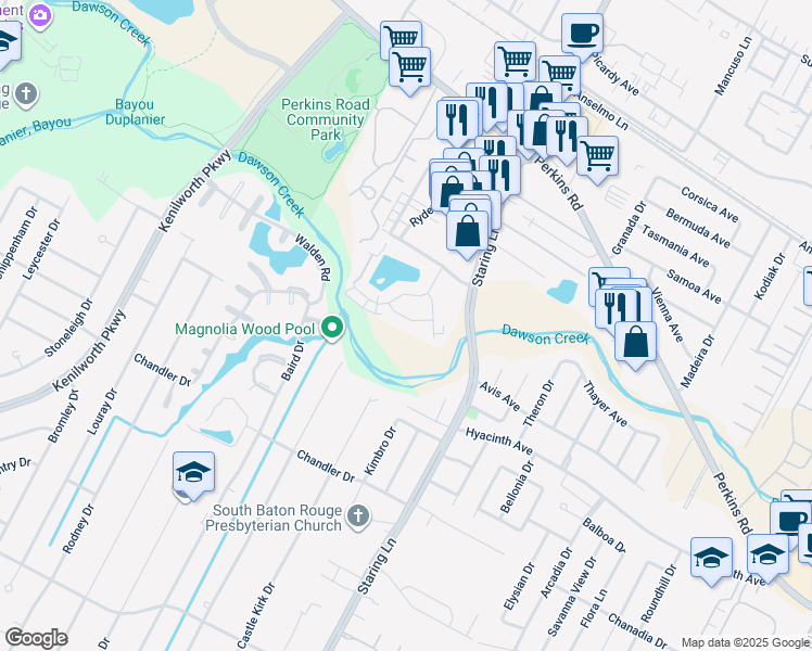 map of restaurants, bars, coffee shops, grocery stores, and more near 1654 Clear Lake Avenue in Baton Rouge
