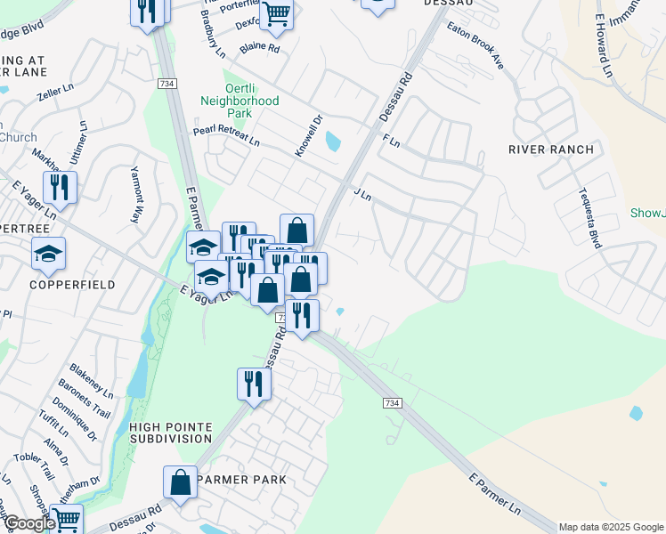 map of restaurants, bars, coffee shops, grocery stores, and more near 12315 Dessau Road in Austin