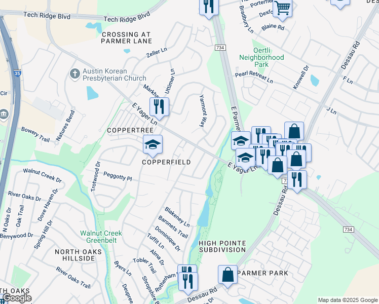 map of restaurants, bars, coffee shops, grocery stores, and more near 12210 Shropshire Boulevard in Austin