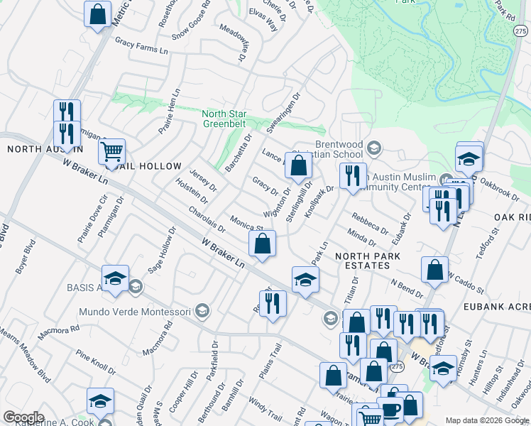 map of restaurants, bars, coffee shops, grocery stores, and more near 1302 Monica Street in Austin