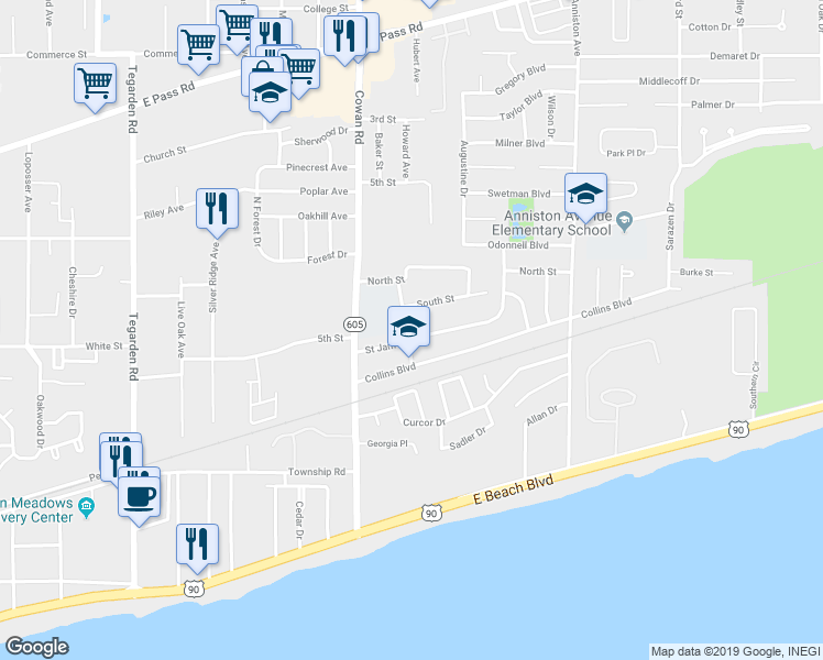 map of restaurants, bars, coffee shops, grocery stores, and more near 2173 Saint James Boulevard in Gulfport