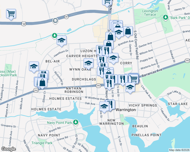 map of restaurants, bars, coffee shops, grocery stores, and more near 14 North Merritt Street in Pensacola
