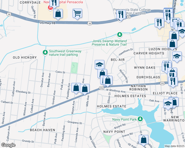 map of restaurants, bars, coffee shops, grocery stores, and more near 1104 Mills Avenue in Pensacola