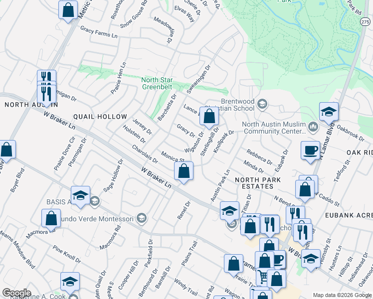 map of restaurants, bars, coffee shops, grocery stores, and more near 1302 Monica Street in Austin