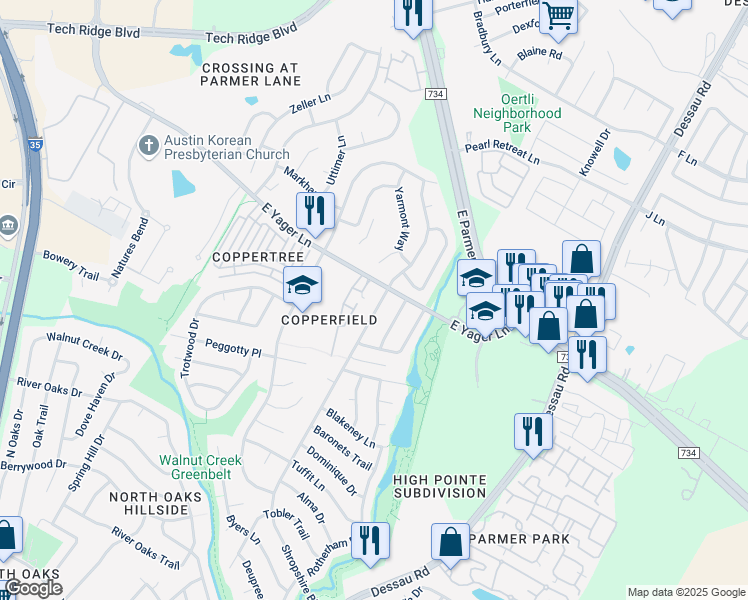 map of restaurants, bars, coffee shops, grocery stores, and more near 12210 Shropshire Boulevard in Austin