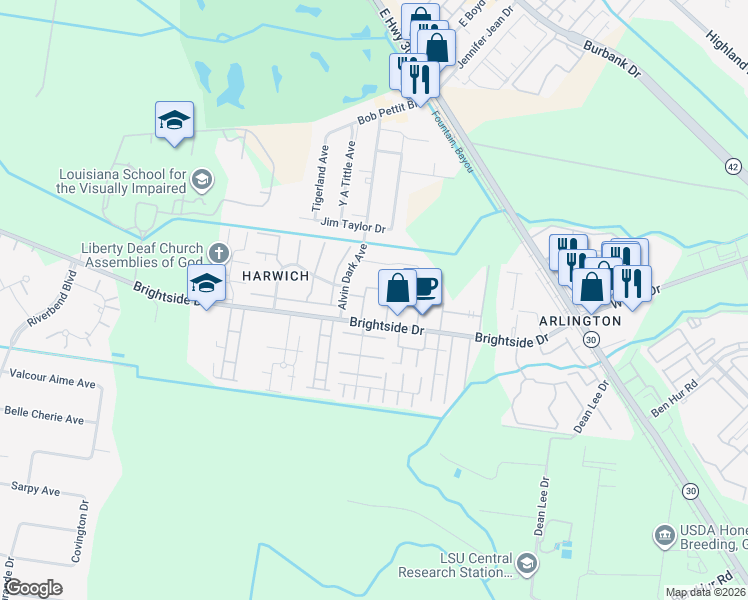 map of restaurants, bars, coffee shops, grocery stores, and more near 2000 Brightside Drive in Baton Rouge