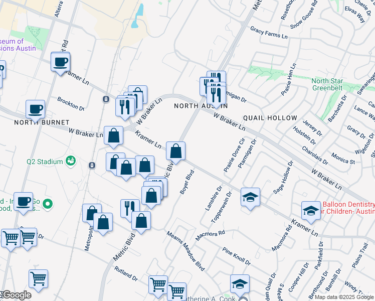 map of restaurants, bars, coffee shops, grocery stores, and more near 2001 Kramer Lane in Austin