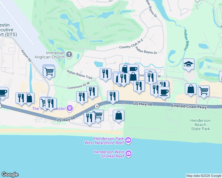 map of restaurants, bars, coffee shops, grocery stores, and more near 4203 Indian Bayou Trail in Destin