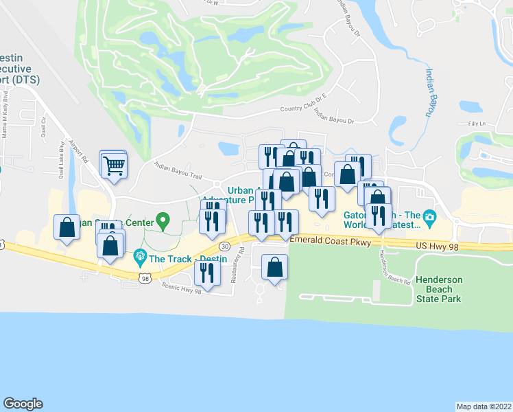 map of restaurants, bars, coffee shops, grocery stores, and more near 4203 Indian Bayou Trail in Destin