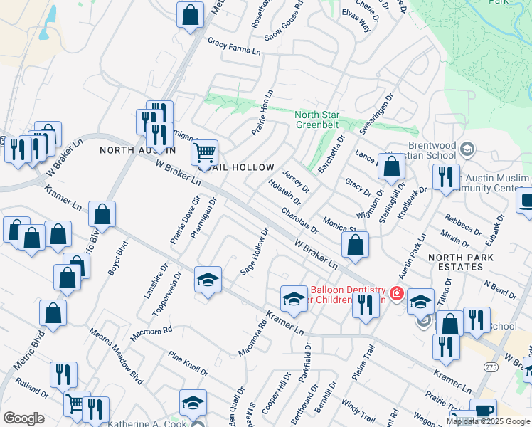 map of restaurants, bars, coffee shops, grocery stores, and more near 1604 West Braker Lane in Austin