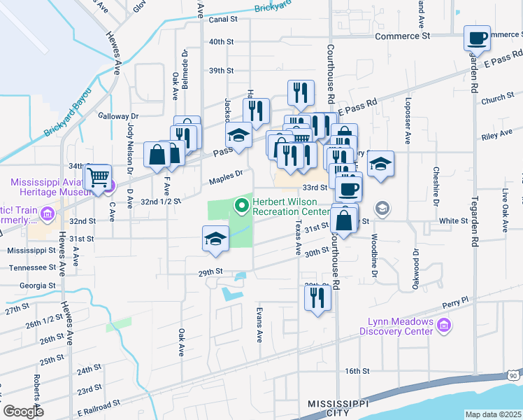 map of restaurants, bars, coffee shops, grocery stores, and more near 45 East Park Street in Gulfport