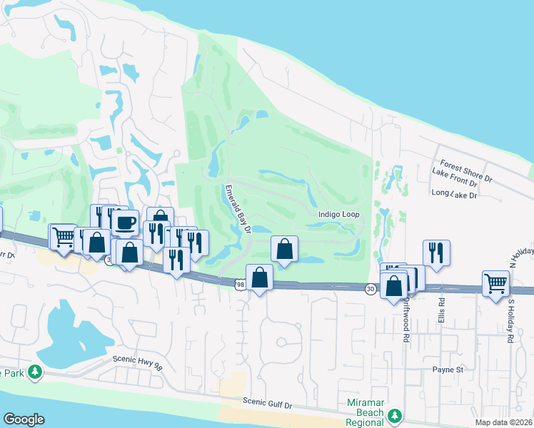 map of restaurants, bars, coffee shops, grocery stores, and more near 96 Azure Place in Destin