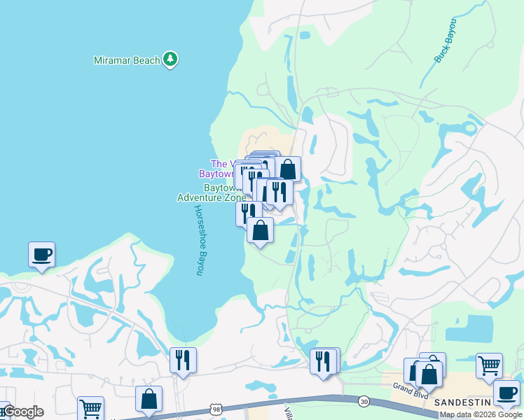 map of restaurants, bars, coffee shops, grocery stores, and more near 102 Cannery Lane in Miramar Beach