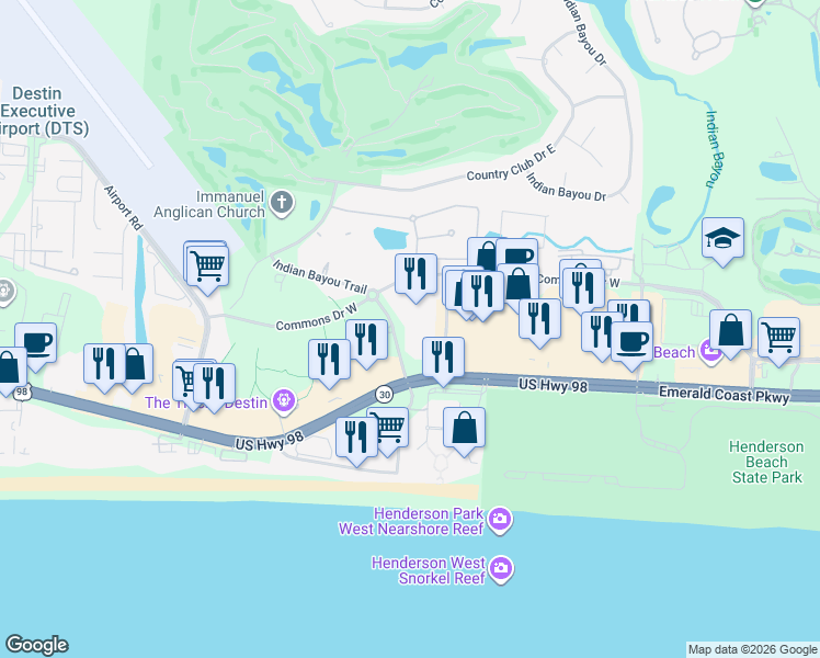 map of restaurants, bars, coffee shops, grocery stores, and more near 4207 Indian Bayou Trail in Destin