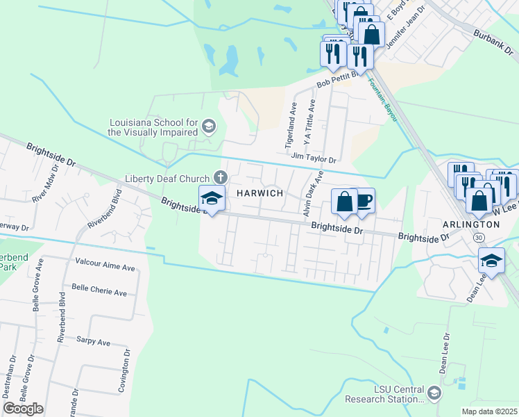 map of restaurants, bars, coffee shops, grocery stores, and more near 1542 Sharlo Avenue in Baton Rouge