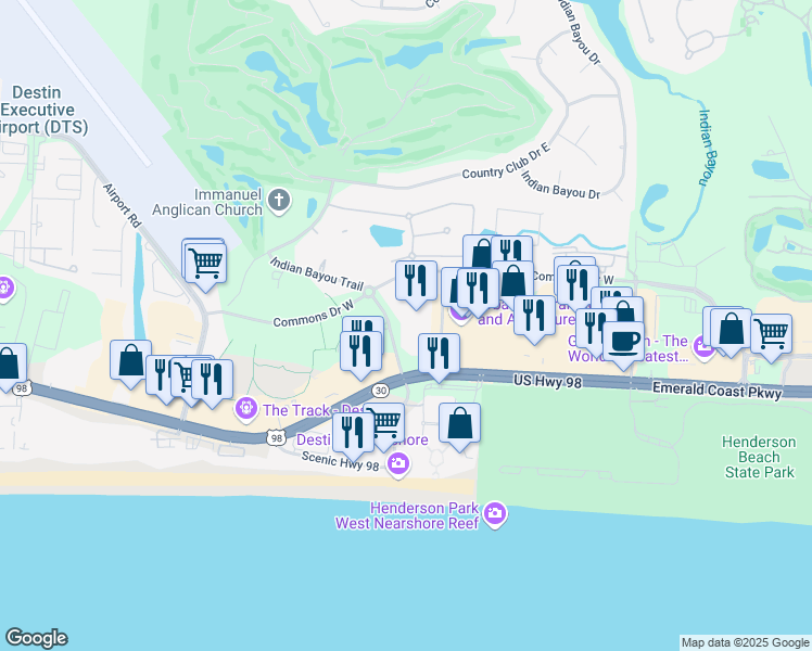 map of restaurants, bars, coffee shops, grocery stores, and more near 4207 Indian Bayou Trail in Destin
