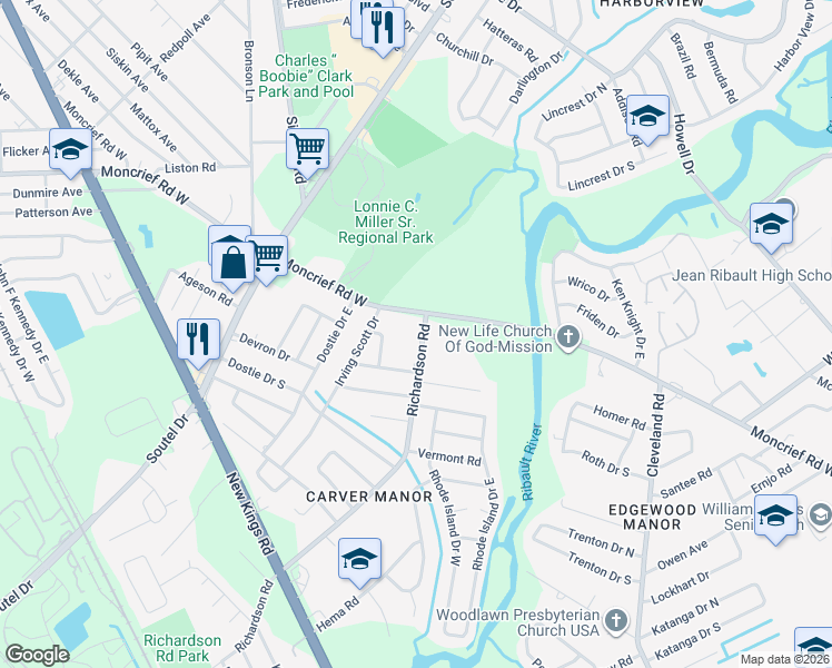 map of restaurants, bars, coffee shops, grocery stores, and more near 7412 Richardson Road in Jacksonville
