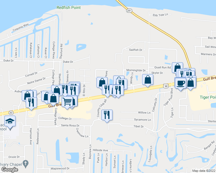 map of restaurants, bars, coffee shops, grocery stores, and more near 1500 Green Briar Parkway in Gulf Breeze