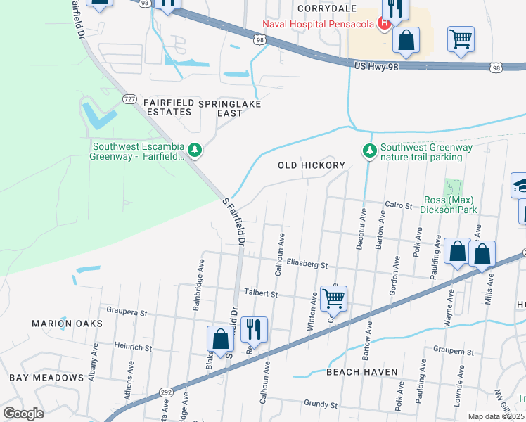 map of restaurants, bars, coffee shops, grocery stores, and more near 1006 Rentz Avenue in Pensacola