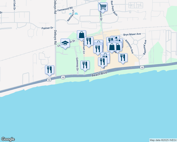 map of restaurants, bars, coffee shops, grocery stores, and more near 2668 Beach Boulevard in Biloxi