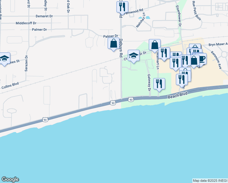 map of restaurants, bars, coffee shops, grocery stores, and more near 2300 Beach Drive in Gulfport
