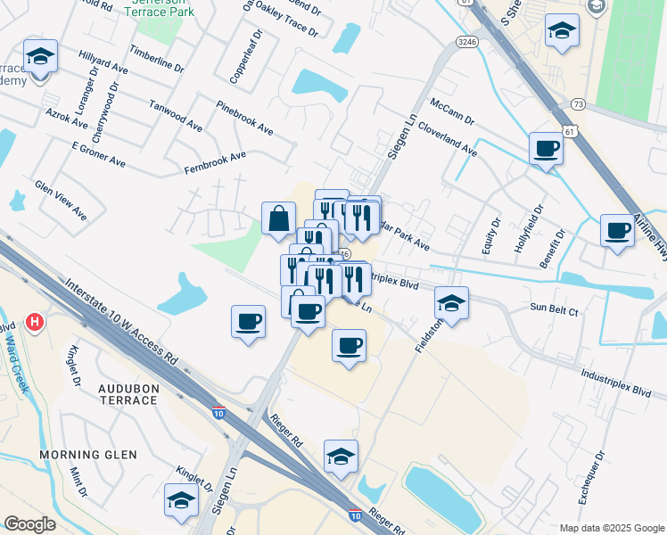 map of restaurants, bars, coffee shops, grocery stores, and more near 10839 Honore Lane in Baton Rouge