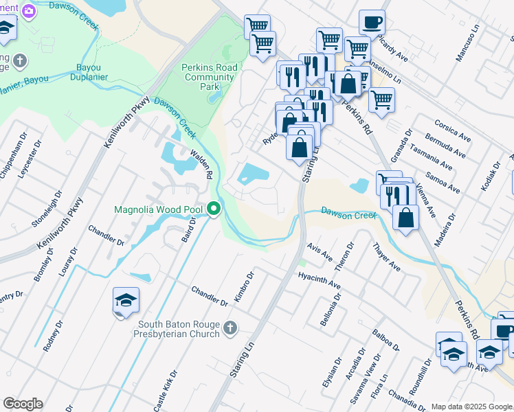 map of restaurants, bars, coffee shops, grocery stores, and more near 1654 Clear Lake Avenue in Baton Rouge