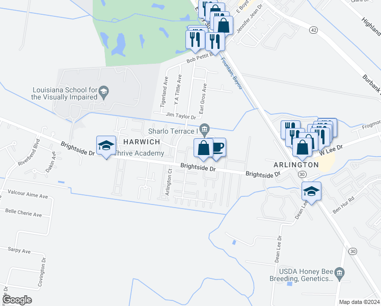 map of restaurants, bars, coffee shops, grocery stores, and more near 2000 Brightside Drive in Baton Rouge