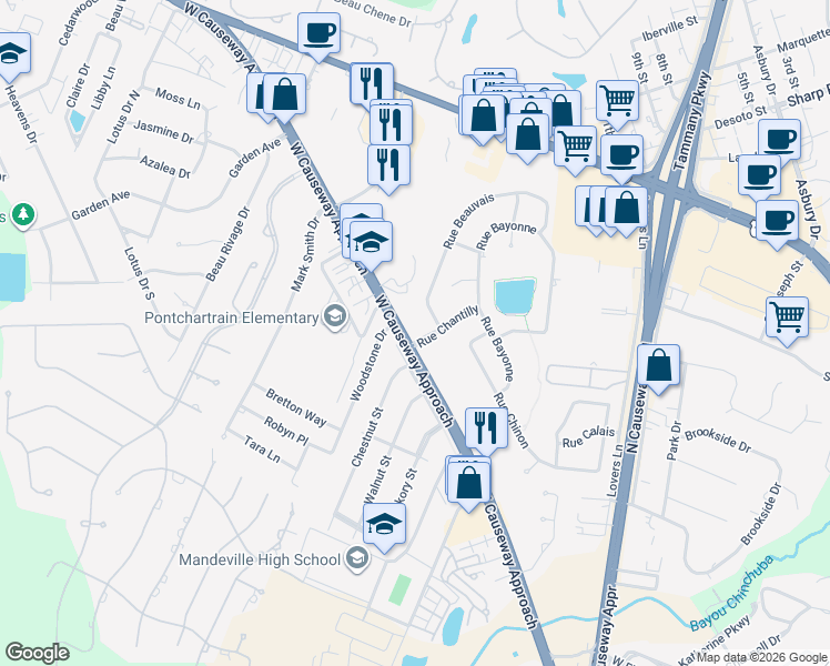 map of restaurants, bars, coffee shops, grocery stores, and more near 1200 West Causeway Approach in Mandeville
