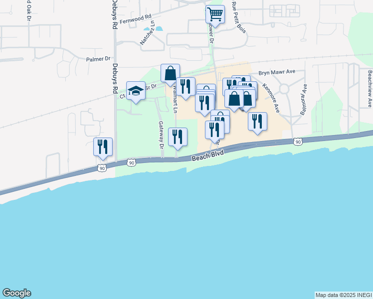 map of restaurants, bars, coffee shops, grocery stores, and more near 2668 Beach Boulevard in Biloxi