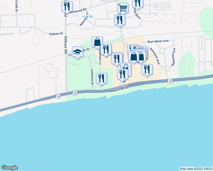 map of restaurants, bars, coffee shops, grocery stores, and more near 2668 Beach Boulevard in Biloxi