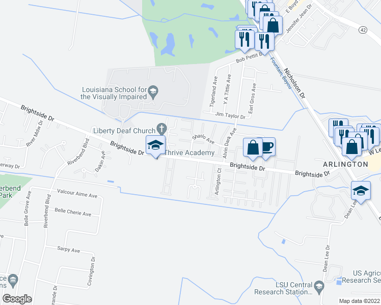 map of restaurants, bars, coffee shops, grocery stores, and more near Sharlo Avenue in Baton Rouge